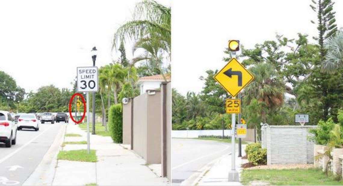 The 30 mph speed limit sign and the sign recommending the curve be taken at no more than 25 mph. The NTSB report says, as the Tesla approached the curve, driver Barrett Riley had the car at 112 mph.