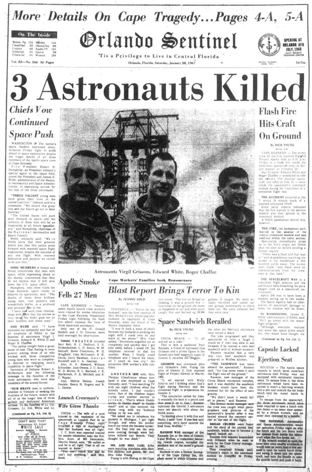Orlando Sentinel front page grom Jan. 28, 1967 with Apollo 1 accident coverage.