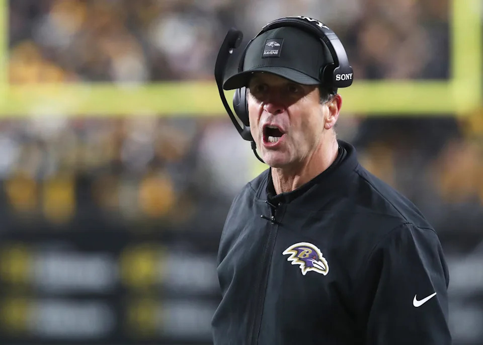 Jan 4, 2026; Pittsburgh, Pennsylvania, USA; Baltimore Ravens head coach John Harbaugh reacts during the second half at Acrisure Stadium. Mandatory Credit: Charles LeClaire-Imagn Images© Charles LeClaire-Imagn Images