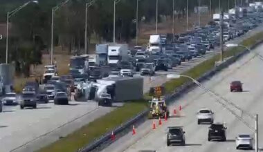Overturned semi-truck blocks 3 lanes on I-95 South in St. Lucie County at Mile Marker 137
