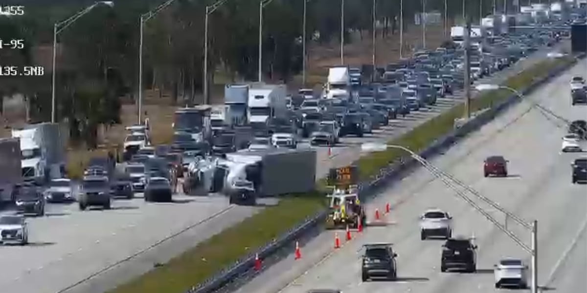 Overturned semi-truck blocks 3 lanes on I-95 South in St. Lucie County at Mile Marker 137