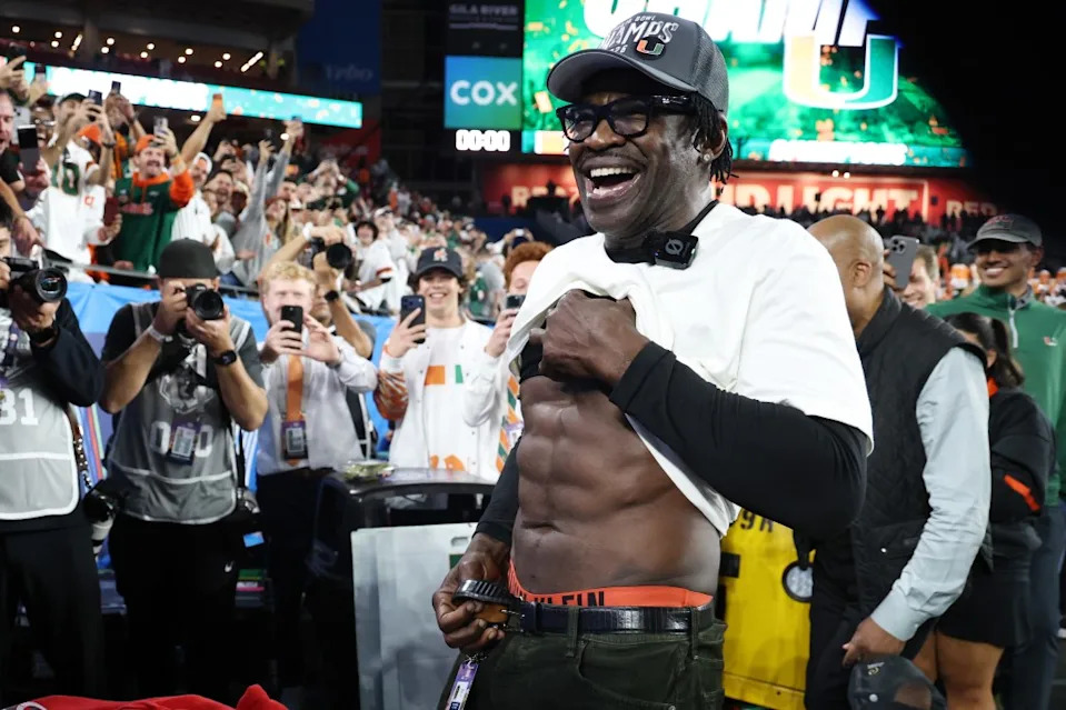 Former Miami Hurricanes player and NFL Hall of Famer Michael Irvin celebrates following the CFP Semifinal Vrbo Fiesta Bowl against the Ole Miss Rebels at State Farm Stadium on January 8, 2026 in Glendale, Arizona. Getty Images