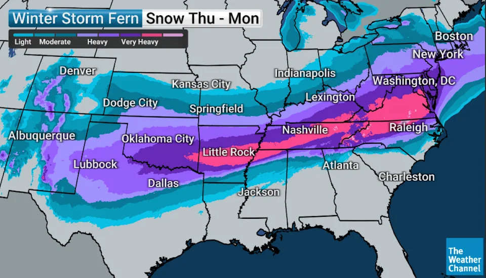 A winter storm is expected to bring snow and ice across the United States and up to New England, according to The Weather Channel.