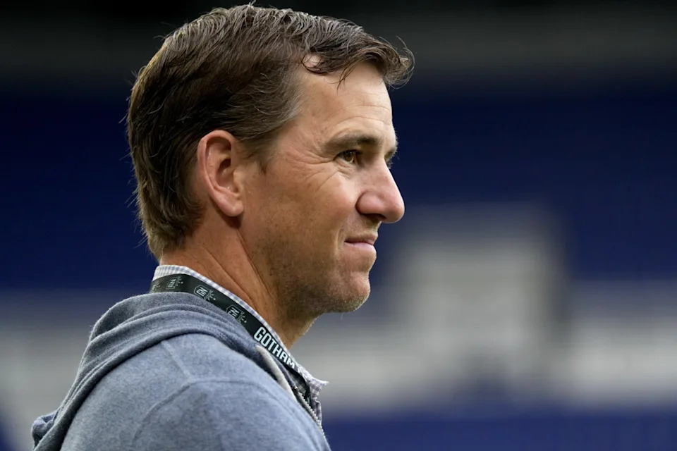 Nov 10, 2024; Harrison, New Jersey, USA; NJ/NY Gotham FC minority owner Eli Manning looks on before a 2024 NWSL Playoffs quarterfinal match against Portland Thorns FC at Red Bull Arena. Mandatory Credit: Lucas Boland-Imagn Images© Lucas Boland-Imagn Images