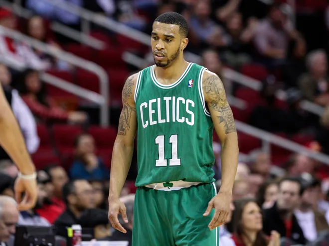 Nov 19, 2013; Houston, TX, USA; Boston Celtics shooting guard Courtney Lee (11) reacts after a play during the fourth quarter against the Houston Rockets at Toyota Center. The Rockets defeated the Celtics 109-85. Mandatory Credit: Troy Taormina-USA TODAY Sports