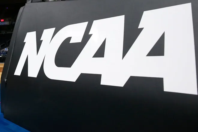 Mar 29, 2019; Albany , NY, USA; General view of a NCAA logo prior to an Albany regional semifinal game of the women's 2019 NCAA Tournament between the UCLA Bruins and the UConn Huskies at the Times Union Center.