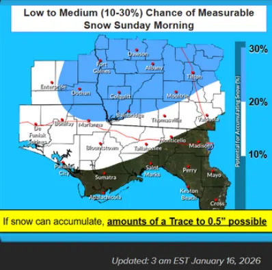 Tallahassee has a 10-20% chance of measurable snow for the morning of Sunday, Jan. 18, 2026, according to the National Weather Service in Tallahassee. Chances are slightly higher in South Georgia.
