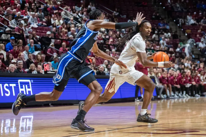 The Florida State Seminoles and Duke Blue Devils are tied 42-42 at the half on Saturday, Jan. 3, 2025.