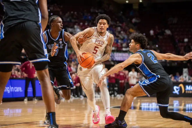 The Florida State Seminoles and Duke Blue Devils are tied 42-42 at the half on Saturday, Jan. 3, 2025.