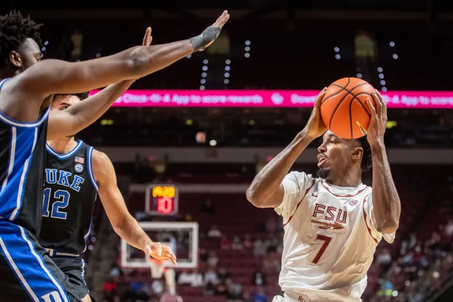 The Florida State Seminoles and Duke Blue Devils are tied 42-42 at the half on Saturday, Jan. 3, 2025.