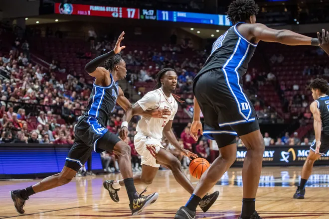 The Florida State Seminoles and Duke Blue Devils are tied 42-42 at the half on Saturday, Jan. 3, 2025.