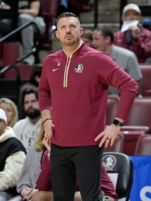 Jan 3, 2026; Tallahassee, Florida, USA; Florida State Seminoles head coach Luke Loucks during the first half against the Duke Blue Devils at Donald L. Tucker Center. Mandatory Credit: Melina Myers-Imagn Images