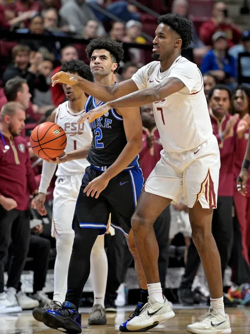 Jan 3, 2026; Tallahassee, Florida, USA; Duke Blue Devils guard Cayden Boozer (2) reacts to the call of a double dribble Florida State Seminoles forward Chauncey Wiggins (7) signals the same during the first half at Donald L. Tucker Center. Mandatory Credit: Melina Myers-Imagn Images