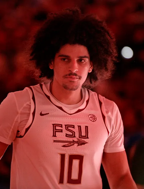Jan 3, 2026; Tallahassee, Florida, USA; Florida State Seminoles guard Lajae Jones (10) before the game against the Duke Blue Devils at Donald L. Tucker Center. Mandatory Credit: Melina Myers-Imagn Images