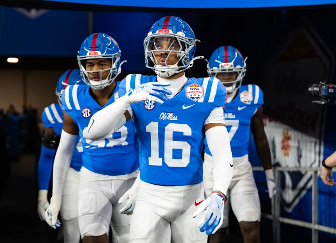 Jan 8, 2026; Glendale, AZ, USA; Mississippi Rebels safety Wydett Williams Jr. (16) against the Miami Hurricanes during the 2026 Fiesta Bowl and semifinal game of the College Football Playoff at State Farm Stadium. Mandatory Credit: Mark J. Rebilas-Imagn Images