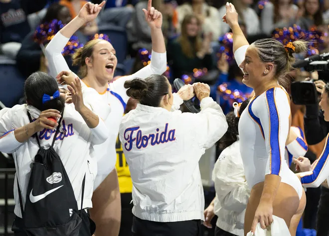 Florida celebrates their win over Alabama at Steven C. O'Connell Center Exactek arena in Gainesville, FL on Friday, January 16, 2026. [Alan Youngblood/Gainesville Sun]