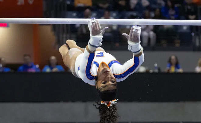 Florida Emjae Frazier competes on the uneven bars at Steven C. O'Connell Center Exactek arena in Gainesville, FL on Friday, January 16, 2026. [Alan Youngblood/Gainesville Sun]