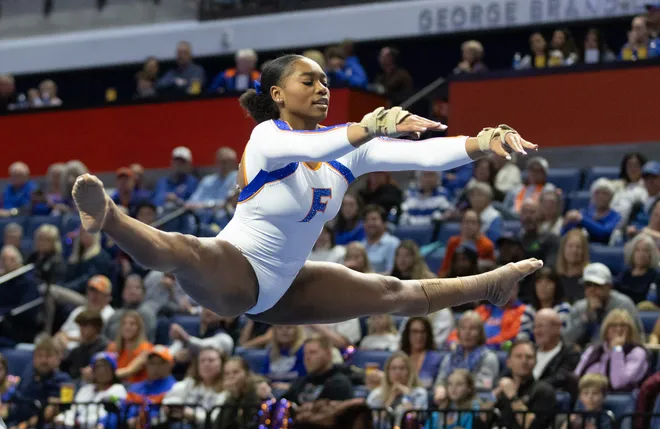 Florida Jayla Booker competes in the floor exercise at Steven C. O'Connell Center Exactek arena in Gainesville, FL on Friday, January 16, 2026. [Alan Youngblood/Gainesville Sun]