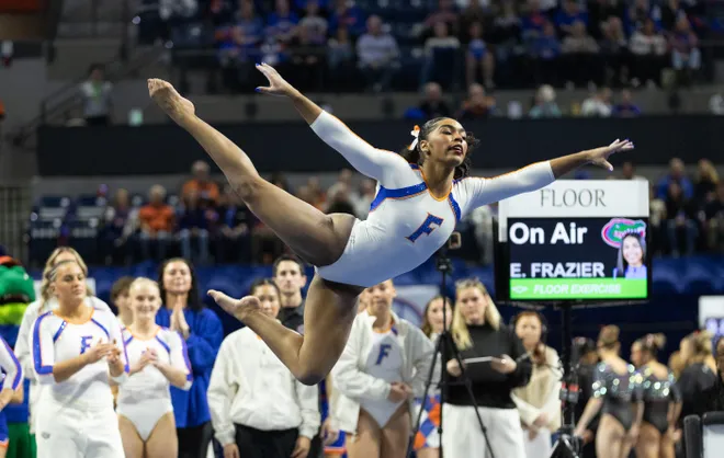 Florida Emjae Frazier competes in the floor exercise at Steven C. O'Connell Center Exactek arena in Gainesville, FL on Friday, January 16, 2026. [Alan Youngblood/Gainesville Sun]