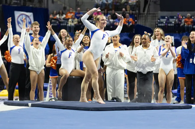 Florida Amelia Disidore competes in the floor exercise at Steven C. O'Connell Center Exactek arena in Gainesville, FL on Friday, January 16, 2026. [Alan Youngblood/Gainesville Sun]