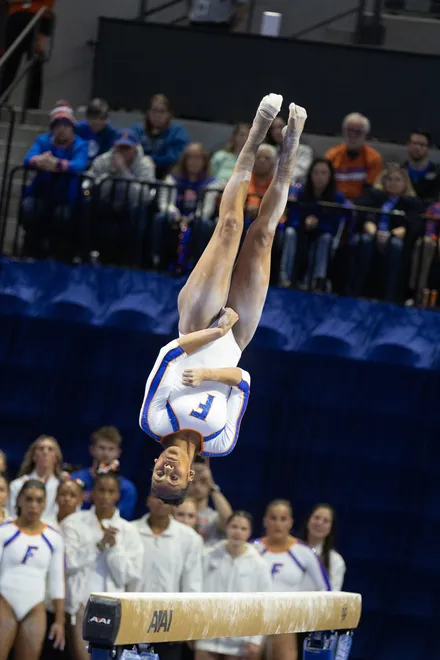 Florida Skye Blakely competes on the balance beam at Steven C. O'Connell Center Exactek arena in Gainesville, FL on Friday, January 16, 2026. [Alan Youngblood/Gainesville Sun]