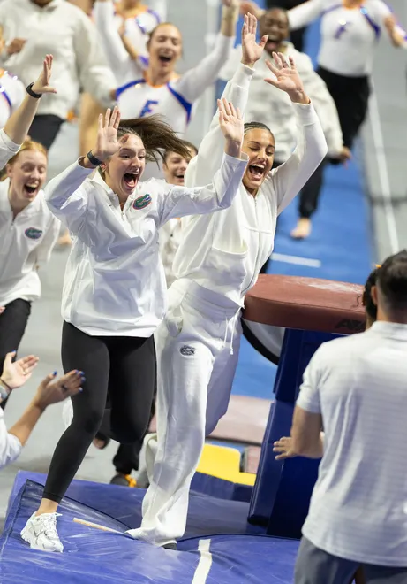 The team celebrates Florida Selena Harris-Miranda vault at Steven C. O'Connell Center Exactek arena in Gainesville, FL on Friday, January 16, 2026. [Alan Youngblood/Gainesville Sun]