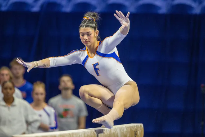 Florida Kayla DiCello competes on the balance beam at Steven C. O'Connell Center Exactek arena in Gainesville, FL on Friday, January 16, 2026. [Alan Youngblood/Gainesville Sun]