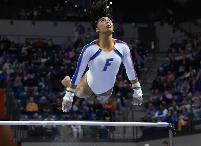 Florida Emjae Frazier competes on the uneven bars at Steven C. O'Connell Center Exactek arena in Gainesville, FL on Friday, January 16, 2026. [Alan Youngblood/Gainesville Sun]