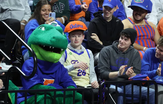 The Florida mascot Albert entertains fans before the gymnastics meet against Alabama at Steven C. O'Connell Center Exactek arena in Gainesville, FL on Friday, January 16, 2026. [Alan Youngblood/Gainesville Sun]