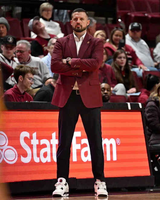 Jan 28, 2026; Tallahassee, Florida, USA; Florida State Seminoles head coach Luke Loucks during the second half against the California Golden Bears at Donald L. Tucker Center. Mandatory Credit: Melina Myers-Imagn Images