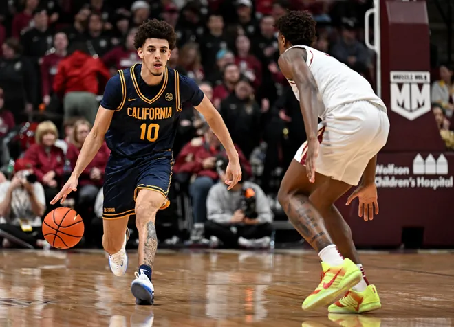 Jan 28, 2026; Tallahassee, Florida, USA; California Golden Bears guard Justin Pippen (10) drives the ball up the court during the first half against the Florida State Seminoles at Donald L. Tucker Center. Mandatory Credit: Melina Myers-Imagn Images