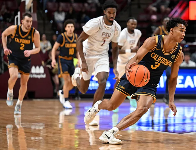 Jan 28, 2026; Tallahassee, Florida, USA; California Golden Bears guard Semetri Carr (3) drives the ball past half court during the first half against the Florida State Seminoles at Donald L. Tucker Center. Mandatory Credit: Melina Myers-Imagn Images