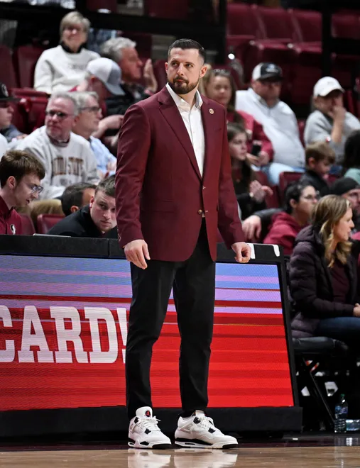 Jan 28, 2026; Tallahassee, Florida, USA; Florida State Seminoles head coach Luke Loucks during the second half against the California Golden Bears at Donald L. Tucker Center. Mandatory Credit: Melina Myers-Imagn Images
