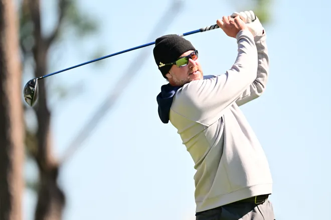 Derek Lowe plays his shot from the eighth tee during the first round of the Hilton Grand Vacations Tournament of Champions 2026 at Lake Nona Golf & Country Club on January 29, 2026 in Orlando, Florida.