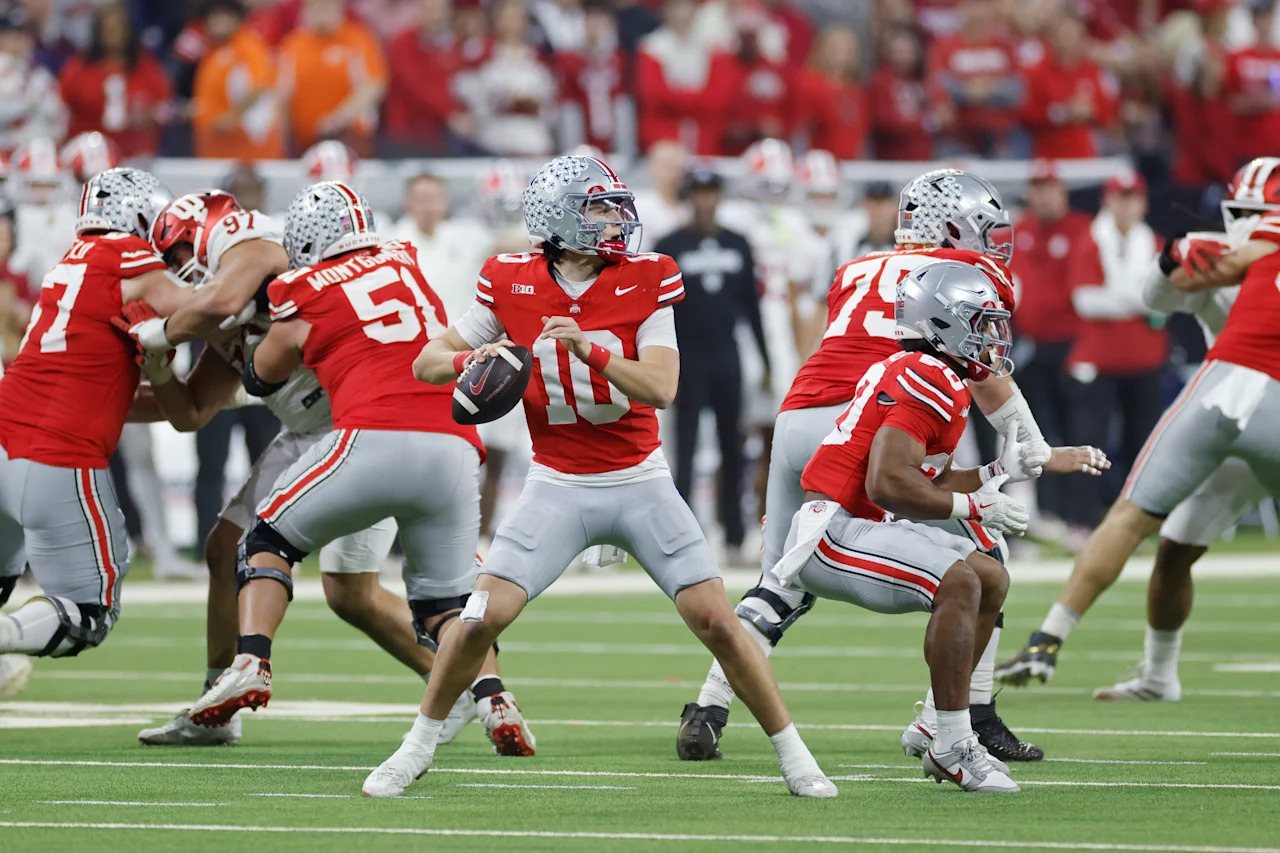 INDIANAPOLIS, IN - DECEMBER 06: Julian Sayin #10 of the Ohio State Buckeyes looks to pass during the Big Ten Championship Game against the Indiana Hoosiers on December 06, 2025 at Lucas Oil Stadium in Indianapolis, Indiana. (Photo by Joe Robbins/Icon Sportswire via Getty Images)