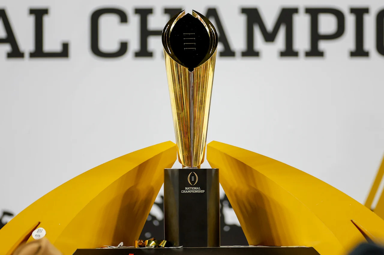 MIAMI GARDENS, FL - JANUARY 19:  A detailed view of the trophy after the Indiana Hoosiers versus the Miami Hurricanes College Football Playoff National Championship Game Presented by AT&T on January 19, 2026, at Hard Rock Stadium in Miami Gardens, FL. (Photo by David Rosenblum/Icon Sportswire via Getty Images)