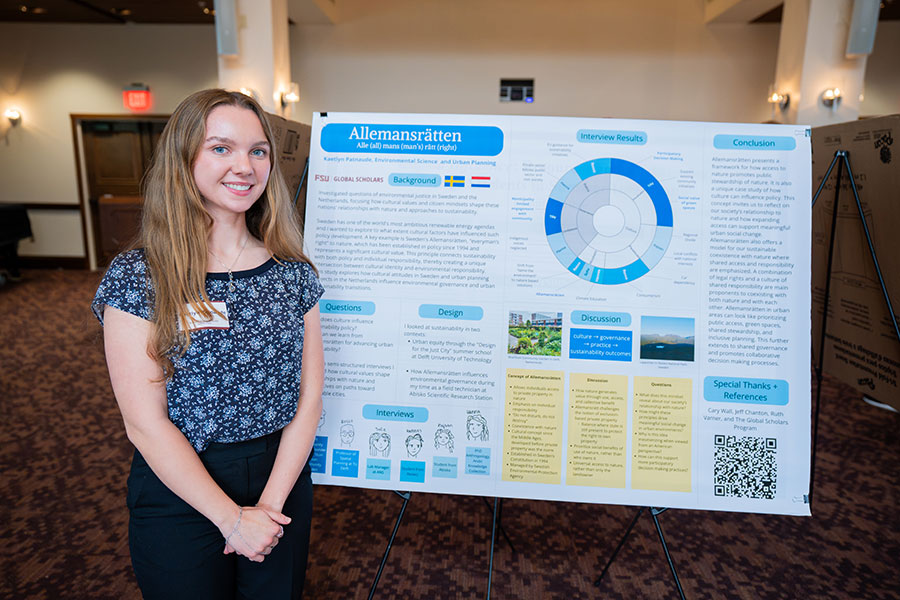 Kaetlyn Patnaude, a junior studying Environmental Science and Urban Planning, presented her project “Allemansratten” at the 2025 Global Scholars Showcase. (Brittany Mobley/Division of Undergraduate Studies)