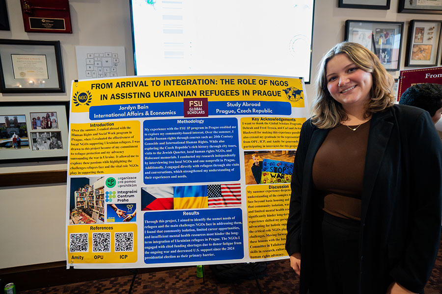 Jordyn Bain, a junior studying International Affairs and Economics, presented her project “From Arrival to Integration: The Role of NGOs in Assisting Ukrainian Refugees in Prague” at the 2025 Global Scholars Showcase. (Brittany Mobley/Division of Undergraduate Studies)