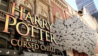 FILE - A sign for "Harry Potter and the Cursed Child" hangs at the Broadway opening at the Lyric Theatre on Sunday, April 22, 2018, in New York. (Photo by Evan Agostini/Invision/AP, File)
