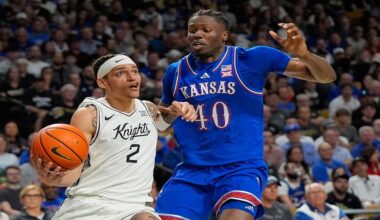 Central Florida guard Riley Kugel (2) gets past Kansas forward Flory Bidunga (40) for a shot during the second half of an NCAA college basketball game, Saturday, Jan. 3, 2026, in Orlando, Fla. (AP Photo/John Raoux)