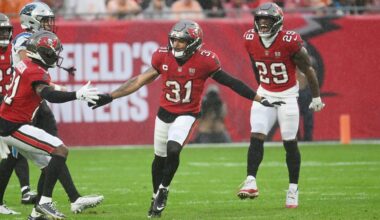 Tampa Bay Buccaneers safety Antoine Winfield Jr. (31) reacts after a defensive stop during the first half of an NFL football game against the Carolina Panthers Saturday, Jan. 3, 2026, in Tampa, Fla. (AP Photo/Jason Behnken)