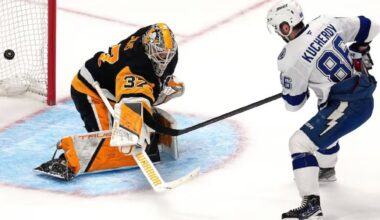 Tampa Bay's Nikita Kucherov (86) scores past Penguins goaltender Arturs Silovs (37) in the third round of the shootout to lift Tampa Bay to a 2-1 victory Tuesday night in Pittsburgh. (AP Photo/Gene J. Puskar)
