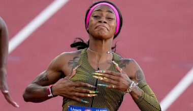 Sha'Carri Richardson celebrates her win in the wins women's 100-meter run final during the U.S. Track and Field Olympic Team Trials Saturday, June 22, 2024, in Eugene, Ore. (AP Photo/Chris Carlson)