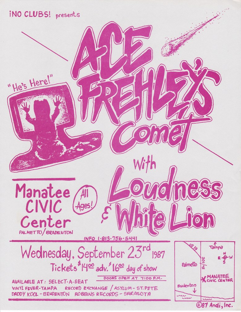A bright pink flyer for No Clubs! Presents Ace Frehley's Comet with Loudness and White Lion. The left side features a drawing of a child with their hands pressed against a TV screen, a reference to the film Poltergeist, next to the text "He's Here!"