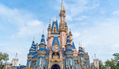 Cinderella Castle in the new pink and blue paint, with 50th medallion