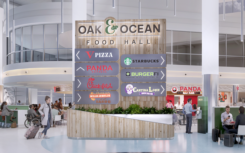 Cantina Louie Mexican Street Food is shown on sign for the Oak & Ocean Food Hall planned inside the new Concourse B at Jacksonville International Airport. Cantina Louie Mexican Street Food is shown on sign for the Oak & Ocean Food Hall planned inside the new Concourse B at Jacksonville International Airport.