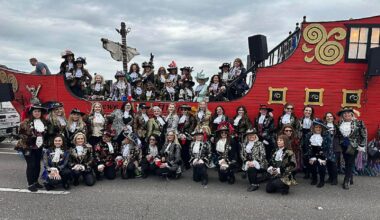 The Krewe of Ann Jeffrey poses at a previous Gasparilla parade. (Courtesy of Ann Jeffrey Krewe)
