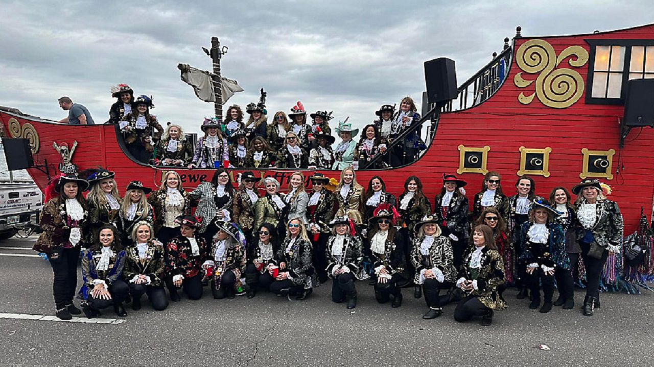 The Krewe of Ann Jeffrey poses at a previous Gasparilla parade. (Courtesy of Ann Jeffrey Krewe)