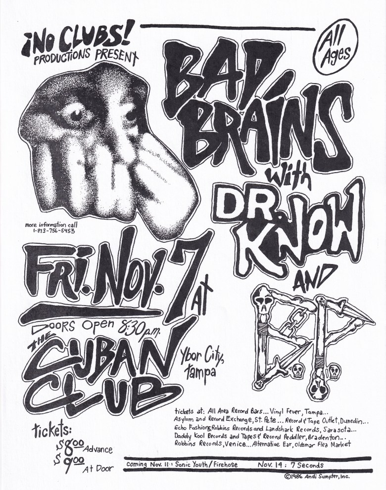 A high-contrast, black-and-white flyer for No Clubs! Productions featuring Bad Brains with Dr. Know. A large, stippled illustration of a fist with an eye in the palm is positioned on the top left.