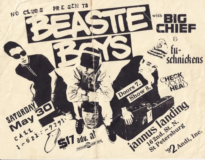 A dynamic, black-and-white promotional flyer for the Beastie Boys and Big Chief at Jannus Landing. The design features high-contrast cut-out images of the band members in various poses, including one wearing a striped beanie and another in dark sunglasses.